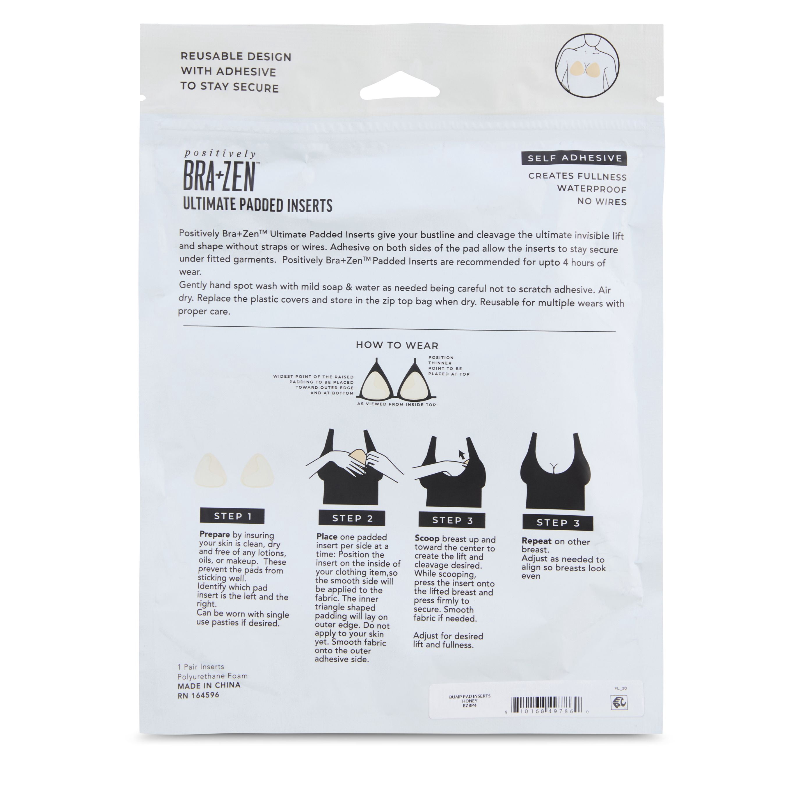 Positively BRA+ZEN Women's Padded Inserts with Double-Sided Adhesive, Cup Sizes A-D