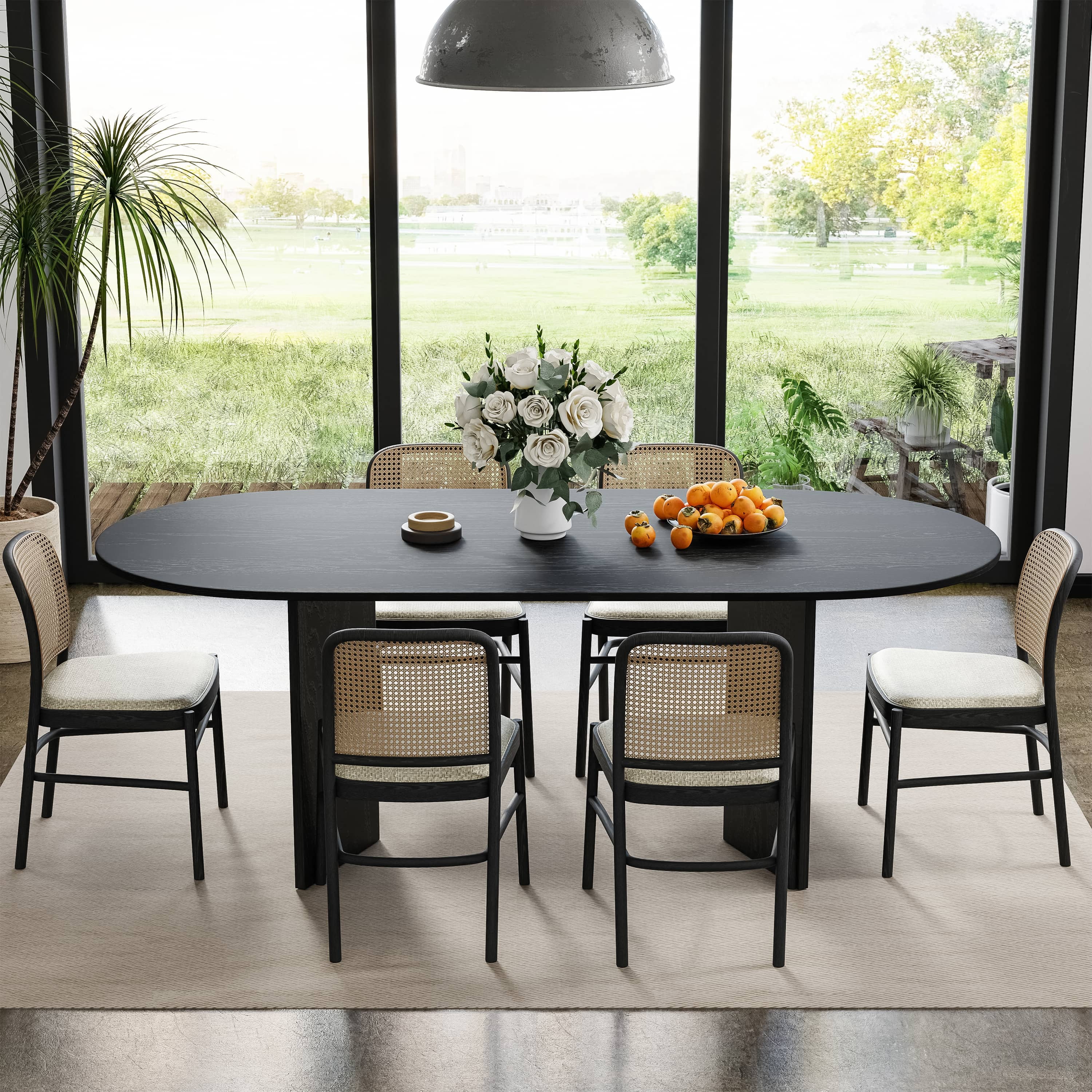 MAYEERTY 67" Rustic Dining Table Mid-Century Oval Wood Kitchen Table for 6 People, Black