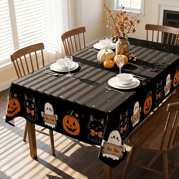 84x60in Halloween Black Cat Ghost Pumpkin Rectangular Tablecloth
