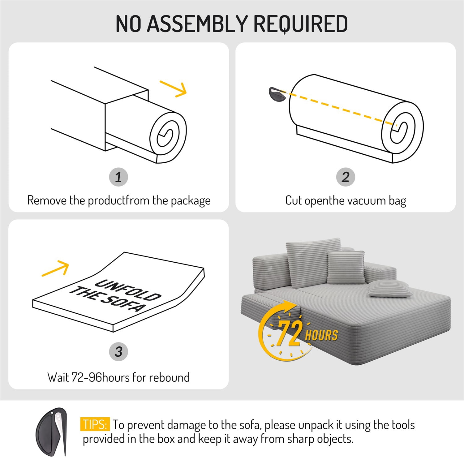 Hommoo Luxurious Plush Corduroy Chaise Lounge with 3 Pillows & Storage Pocket, Convertible Sofa Couch Bed Sleeper with Frameless Design & Compression Foam, Light Grey
