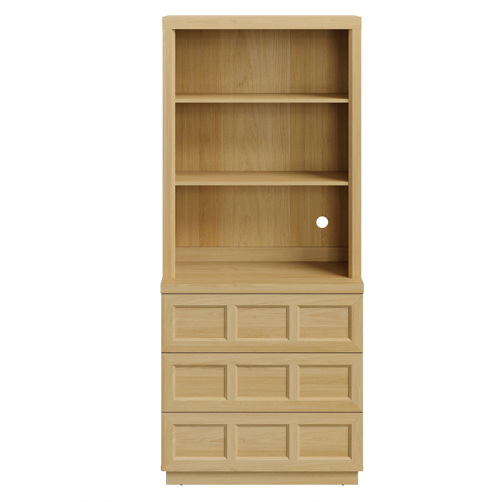 HOMOOI Integrated Bookcase,Boho Rustic Wood Grain Freestanding Book Shelf with Open Display Shelves & 3 Rebound Handle-Free Drawers, Anti-Wobble Bookcase for Living Room,Home Office,Oak