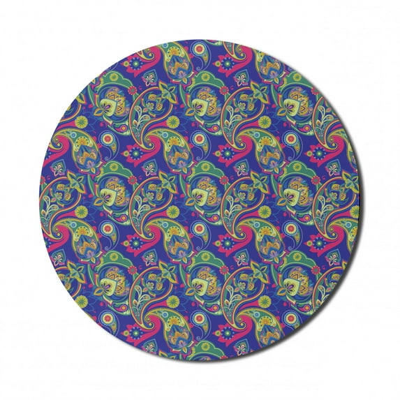 Paisley Mouse Pad for Computers, Classic Persian Jacquard Boteh Ikat Motifs Old Welsh Pears Artwork, Round Non-Slip Thick Rubber Modern Gaming Mousepad, 8" Round, Indigo and Olive Green, by Ambesonne