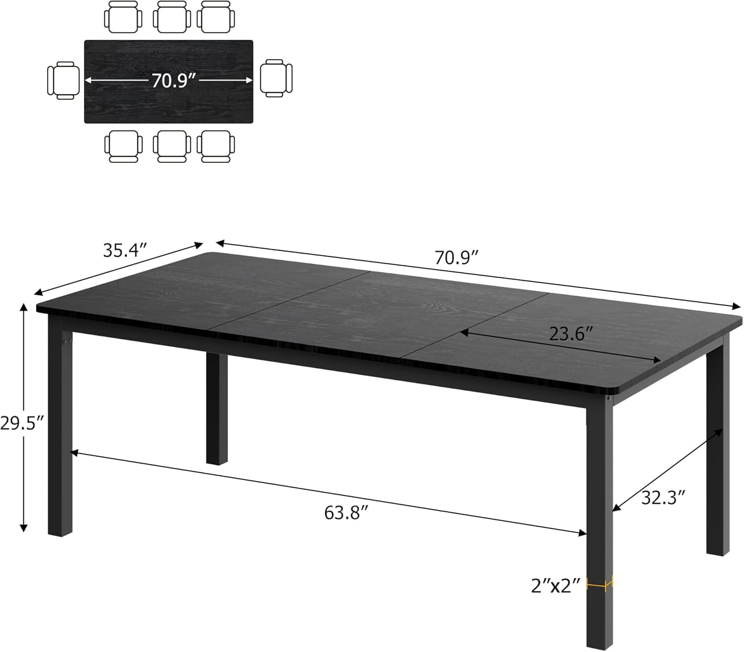 71" Industrial Dining Table, Large Rectangle Kitchen Table with Metal Legs, Round Corners, Wooden Conference Tables Writing Desk for Dining Room, Living Room, Classic Black