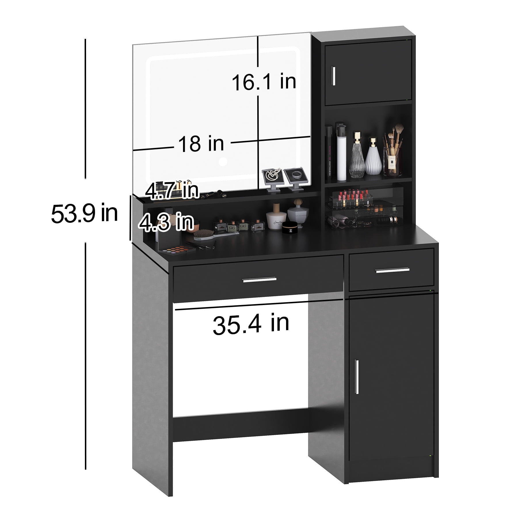 PORKISS Vanity Desk with Mirror and Lights, 3 Lighting Modes Adjustable, Wooden Makeup Vanity with 2 Large Drawers and 3 Level Storage Dresser, Dressing Table for Bedroom, Black
