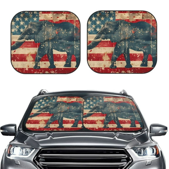 Kdxio Vintage American Flag Elephant Print 2-Piece Sun Shade Front Windshield - Foldable Car Front Window Sunshades for Most Sedans SUV Truck