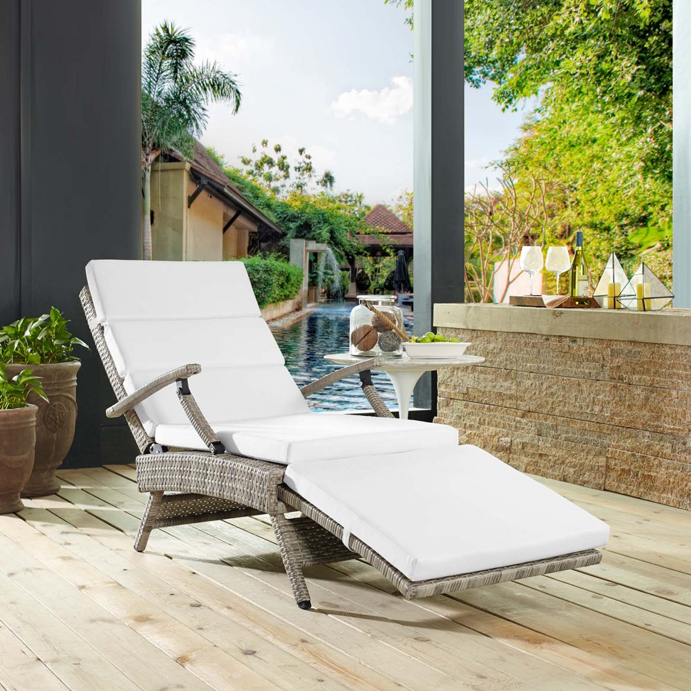 Envisage Chaise Outdoor Patio Wicker Rattan Lounge Chair in Light Gray White