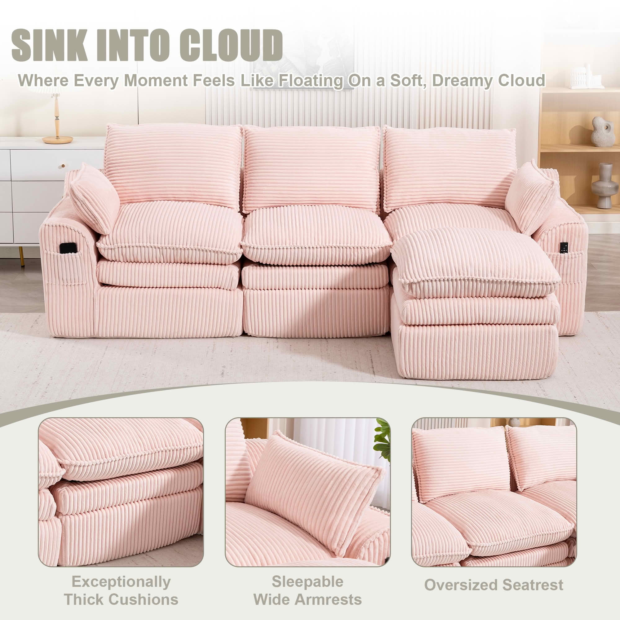 MAYEERTY Modular L Shape Corduroy Sectional Sofa, Compressed Boneless Cloud Couch with Footstool & Pillows for Small Living Space