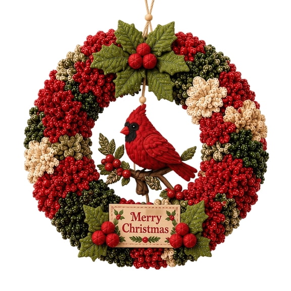 3D Fabric Poke Wreath DIY Kit, Vibrant Cardinal Bird Christmas Wreath Kit, No-Sew Easy Assembly, 3D Textured Home Holiday Decor (Cardinal)