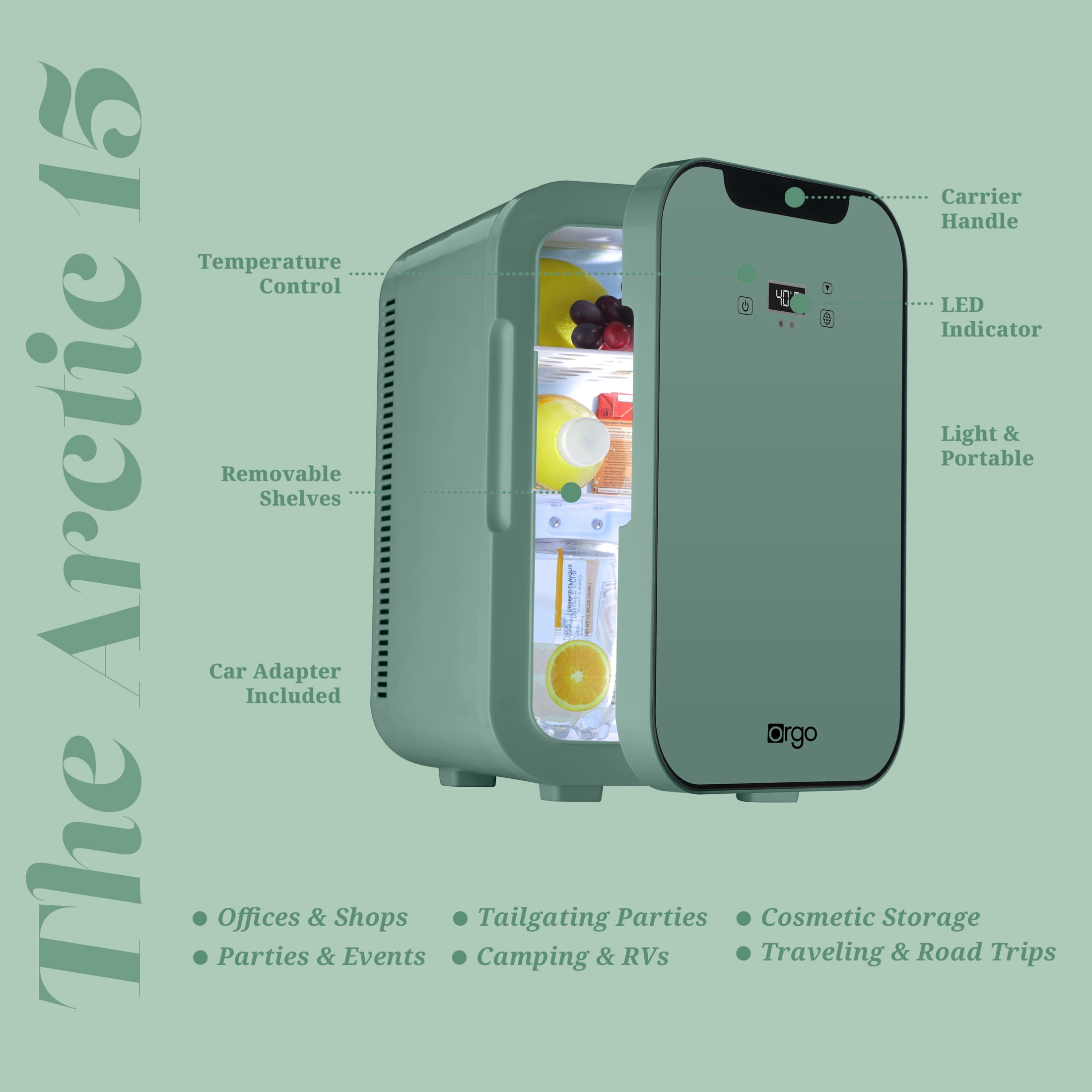 Orgo - The Artic – 18 Can Personal Cooler Portable Mini Refrigerator, Sage