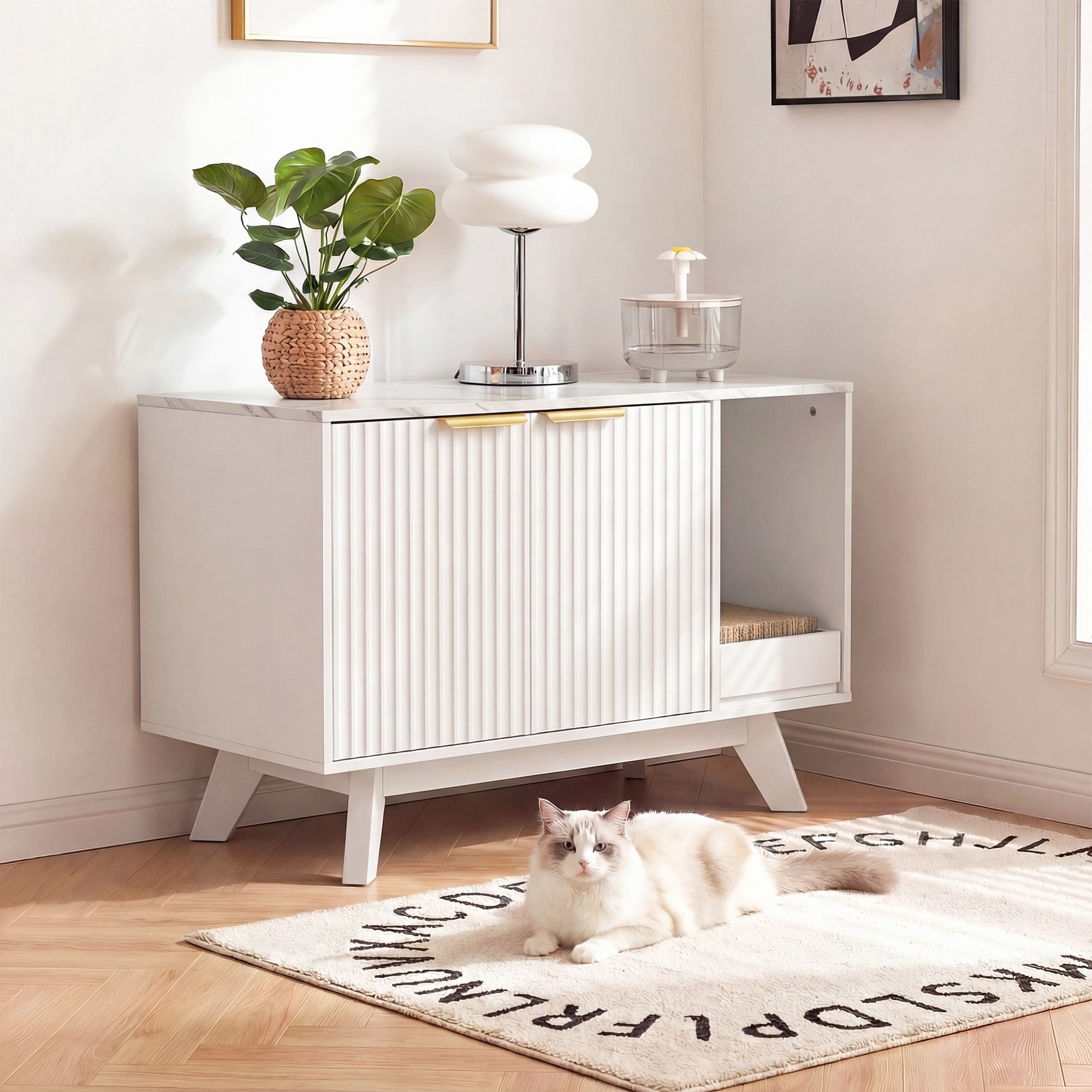 Innovar Modern Cat Litter Box Enclosure - 31.5" Hidden Cat Litter Box Furniture for 2 Cats, Indoors Cats Washroom Cabinet with Divider & Scratching Pad for Living Room Bedroom,White/Marble Top