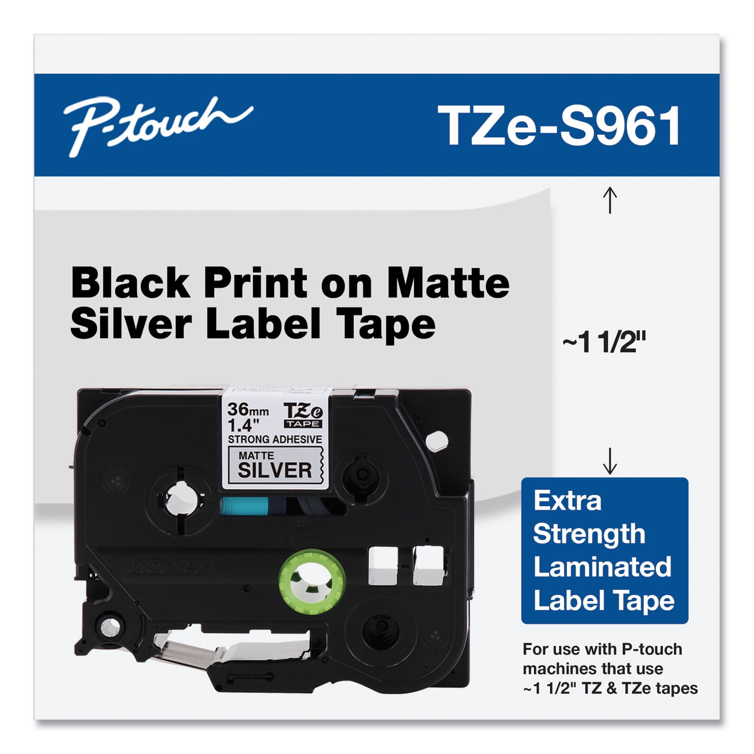 Brother Genuine P-touch TZE-S961 Tape, 1-1/2" (1.4") Wide Extra-Strength Adhesive Laminated Label Maker Tape, Black on Matte Silver, 1.4 in. x 26.2 ft. (36mm x 8M), TZES961