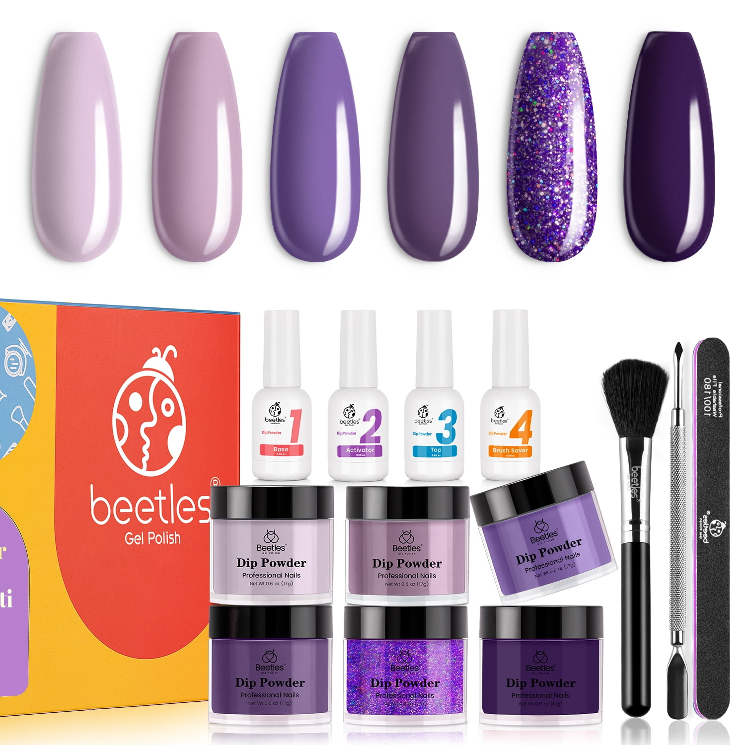 Beetles 6 Colors Dip Powder Nail Kit Starter Purple Glitter Nail