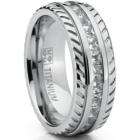 Men's Titanium Wedding Band, Engagement Eternity ring, Chevron design  W/ Princess Cut Cubic Zirconia