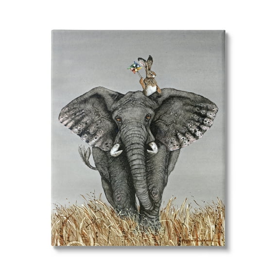 Stupell Industries Elephant & Rabbit Landscape Animals & Insects Painting Gallery Wrapped Canvas Print Wall Art, 16 x 20