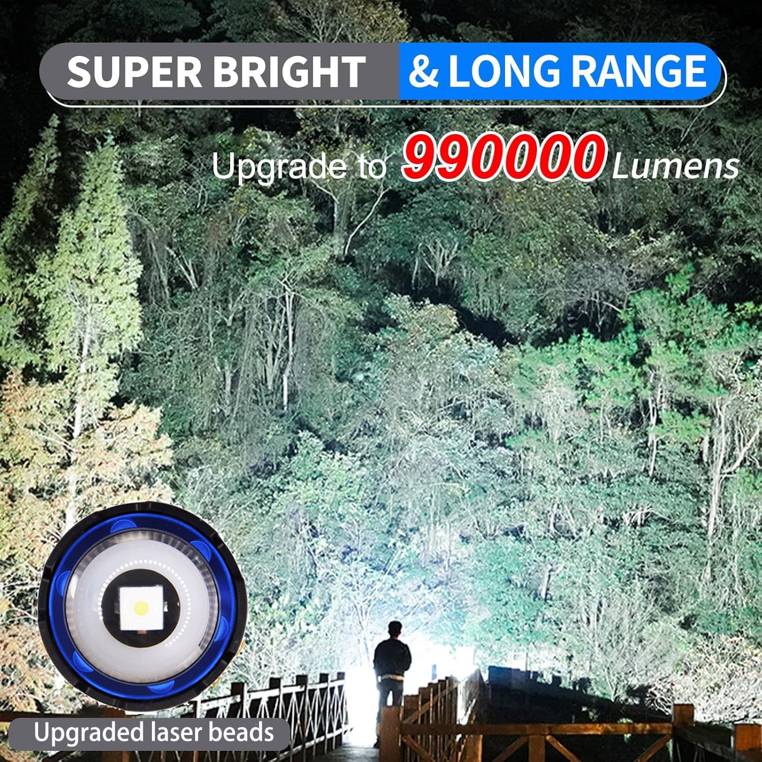Rechargeable Flashlights High Lumens 990000 Lumens Laser Tactical Flashlights , 5 Modes Powerful Handheld Hunting Flashlight for Emergency Hiking Battle（Carry a safety hammer）