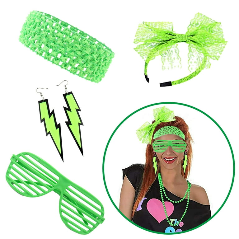 Neon Off Shoulder Top 80s Costume Accessories Set - & Fishnet Top For Retro Parties Neon Off Shoulder Shirt - Foto 5