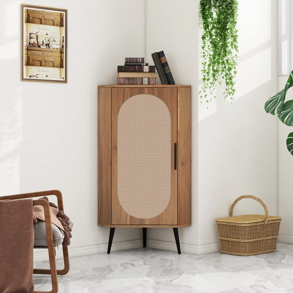 Natural Rattan Door Corner Cabinet - Freestanding Small Space Storage Shelf Stand for Living Room, Kitchen, Bedroom，Walnut