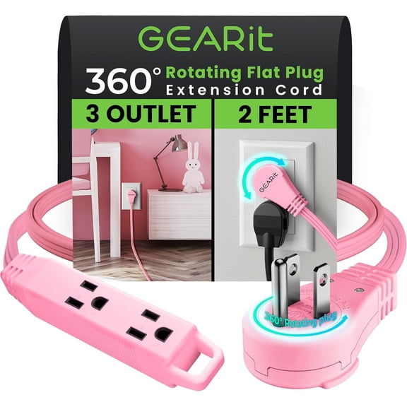 GEARit 360 Rotating Flat Plug Short Extension Cord with 3 Outlets (2ft, Pink) Outlet Saver for Home Office Dorm Room Essentials, ETL Certified