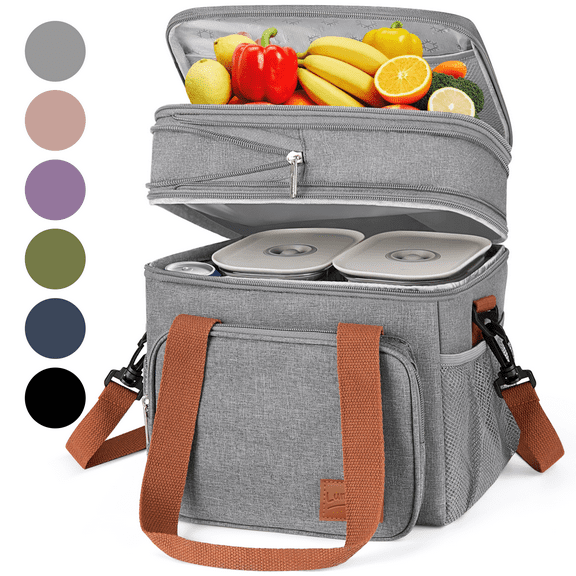 17L Insulated Lunch Bag for Men/Women, Large Reusable Double Deck Lunch Box, Leakproof Cooler Bag for Work, Picnic & Beach, with Adjustable Shoulder Strap & Side Mesh Pocket(Gray)