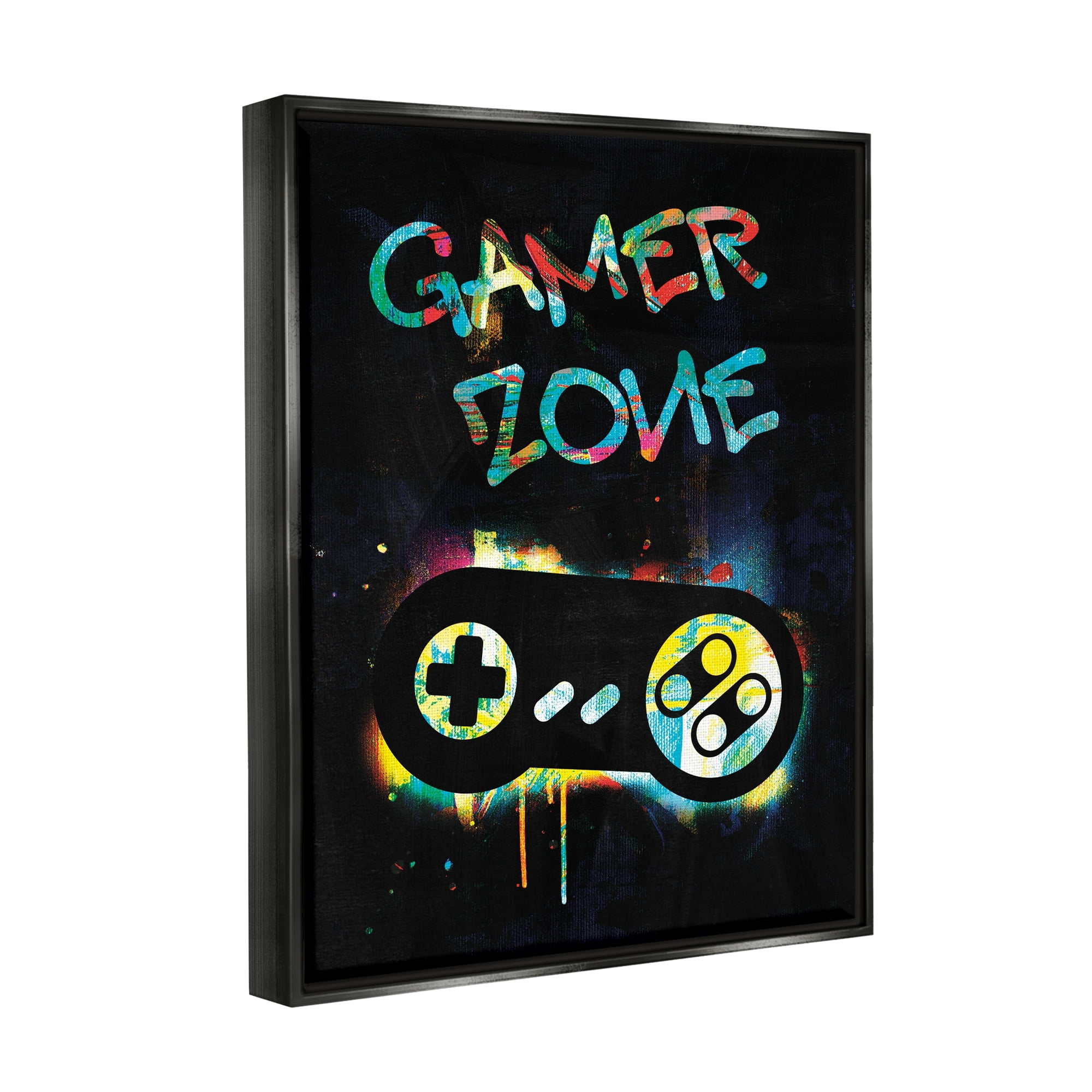 Stupell Industries Gamer Zone Vintage Controller Neon Paint Splatter Graphic Art Jet Black Floating Framed Canvas Print Wall Art, Design by Victoria Barnes