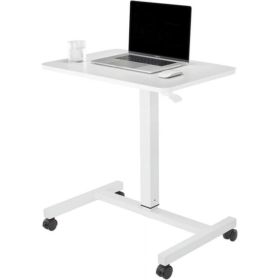 Mobile Laptop Desk Pneumatic Sit to Stand Table Height Adjustable Rolling Cart with Lockable Wheels for Home Office Computer Workstation 28" x 19" White Round Edge Design Elegant