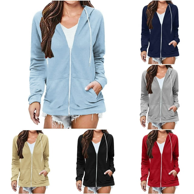 Yuyuzo Womens Hoodies Long Sleeve Full Zip up Basic Sweatshirts Drawstring Jacket Coat with Pockets Size Sky BlueXXL