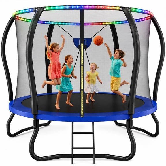 SaveJoy 10FT Trampolines for Kids with Safety Enclosure, Basketball Hoop & Lights,  Kids Trampoline Indoor & Outdoor