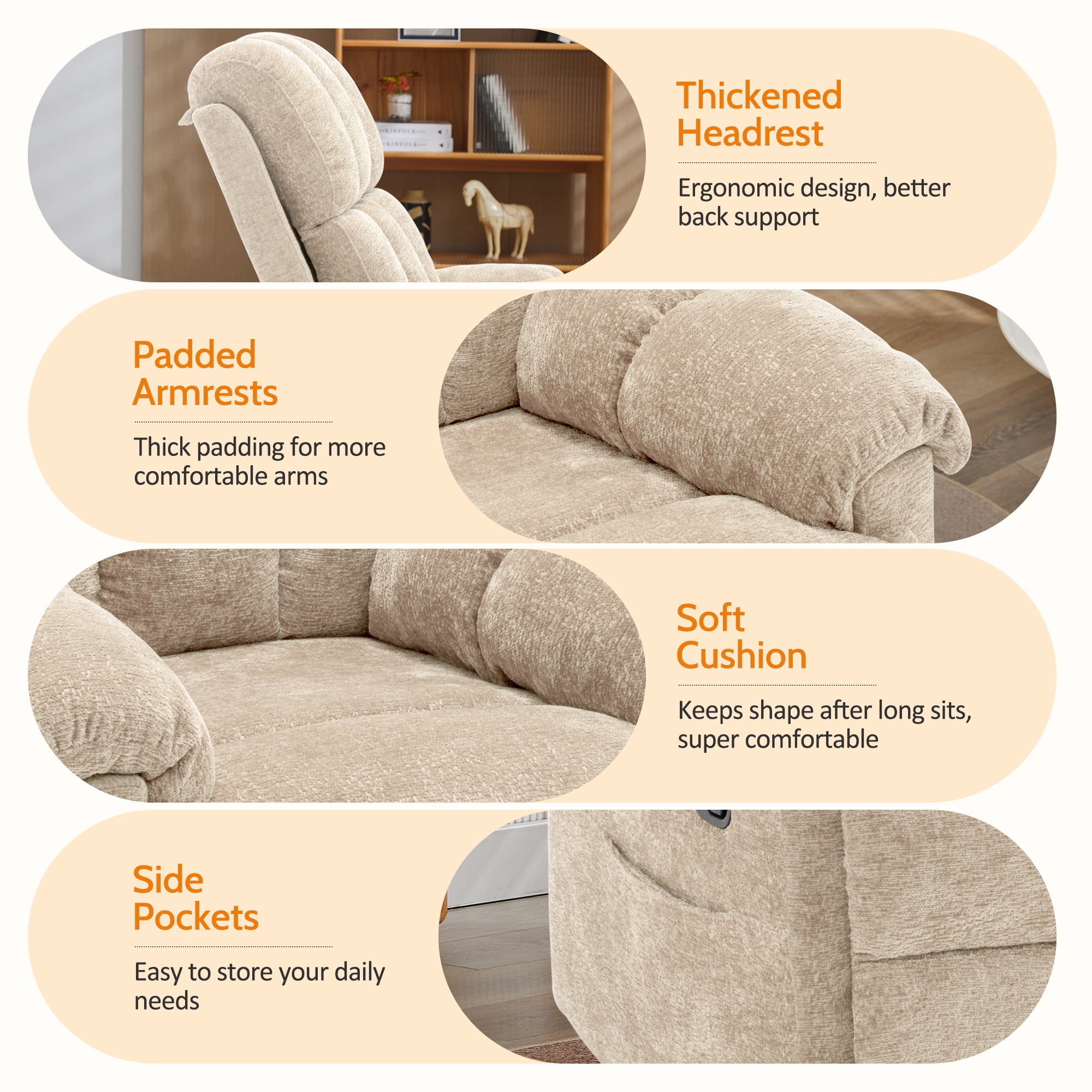 Korser Small Recliners for Small Spaces,Swivel Rocker Recliner Chair with Side Pockets for Living Room,Khaki