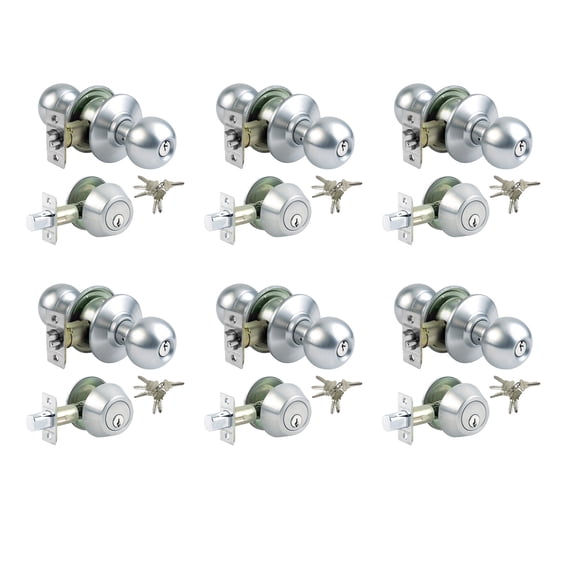 Lot of 6 Stainless Steel Grade 3 Combo Lock Set with Entry Door Knob and Deadbolt With 36 SC1 Keys - Boxed Keyed Alike