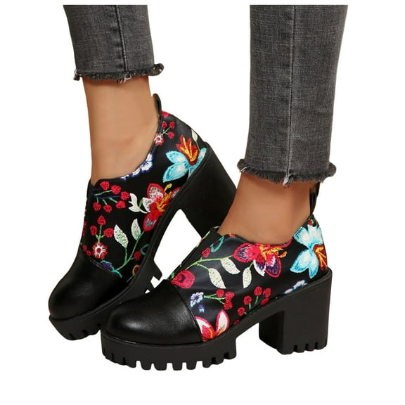 Rokment Womens Vintage Flower Platform Mary Jane Ankle Boots 2025 Fall Winter Leather Chunky Lug Sole Slip on Dress Booties