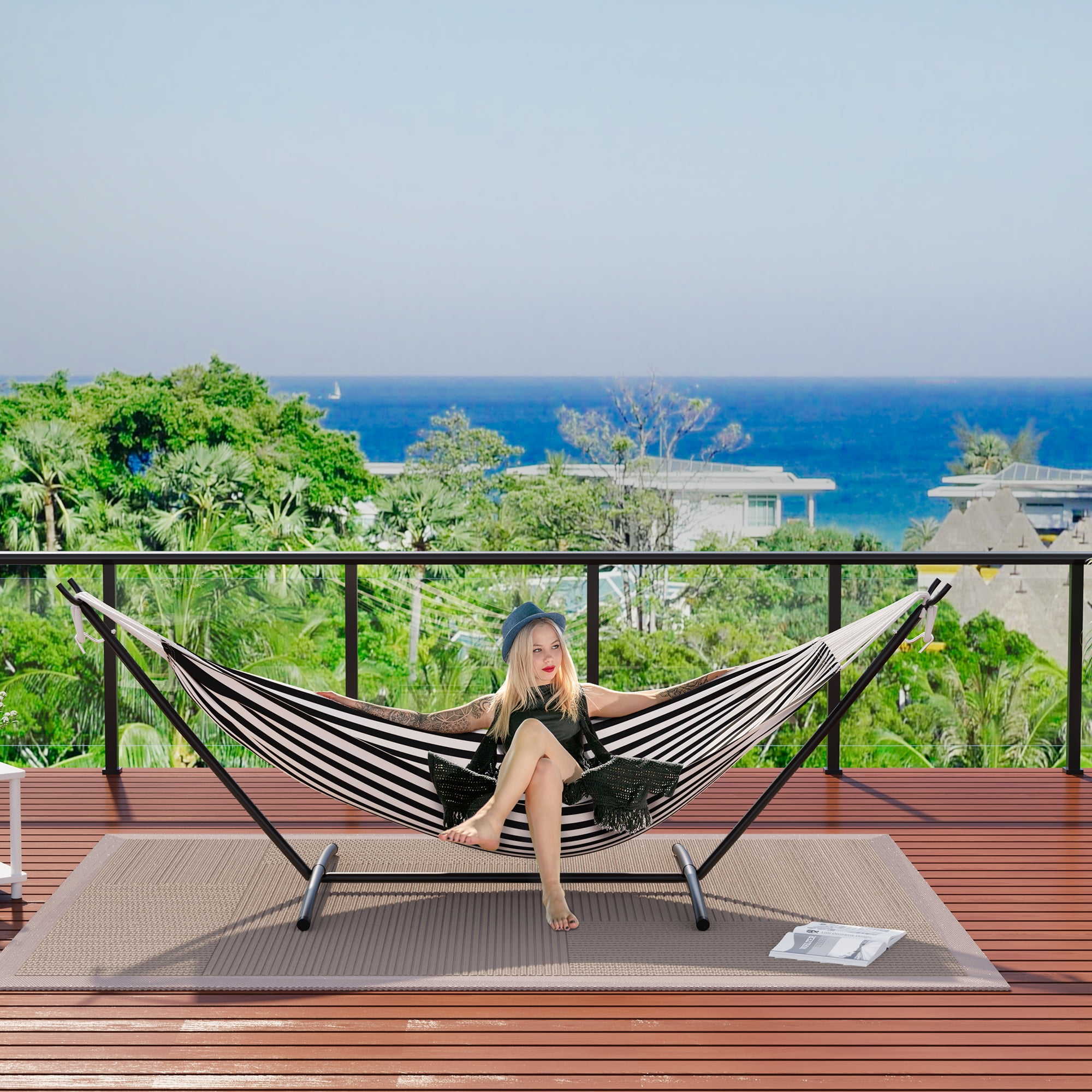 Heavy Duty Double Hammock with Steel Stand, Adjustable 2 Person Hammock Chair, Portable Indoor/Outdoor Swing, 450 lbs Capacity, Backyard, Garden, Camping, Includes Carry Bag