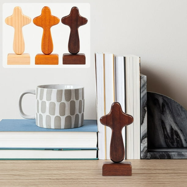 Crucifijo de madera decorativo con base | Adorno de cruz de madera magnética | Arte de mesa religioso hecho a mano | Elegante figura espiritual para el hogar | 10,4x6x1,5cm | Regalo duradero para