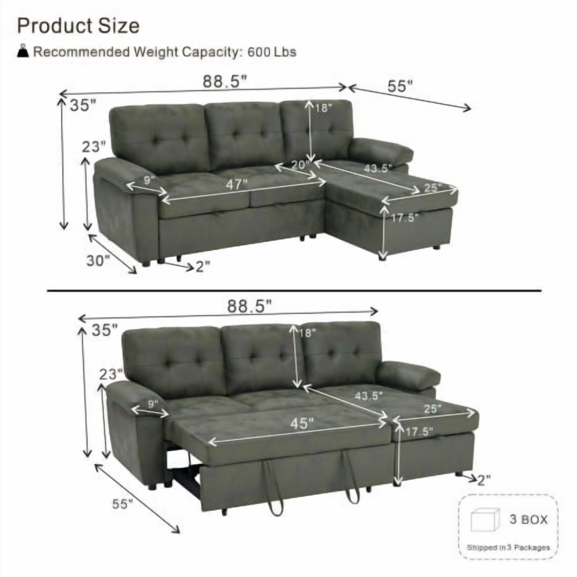 88.5" Convertible L-Shaped Pull-Out Sectional Sofa Bed with Storage Chaise & Soft Padded Armrests, Foil Fabric Upholstery, Olive Green