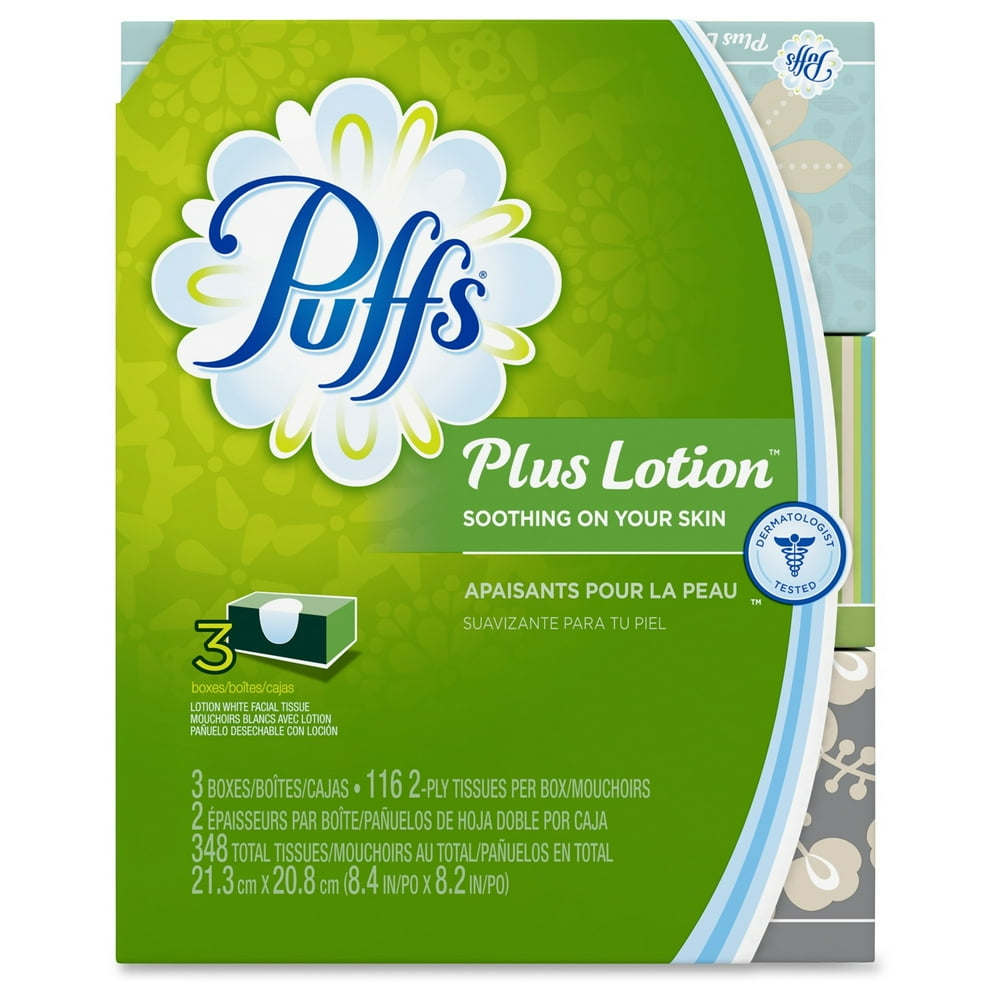 Puffs Plus Lotion Facial Tissue, White, 2Ply, 116 Sheets Per Box, 3 Pack