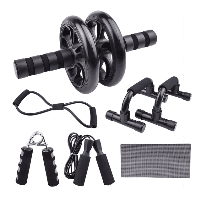 Kit Ejercicio 6 En 1 Rodillo Abdominal Barras Push-up Cuerda negro