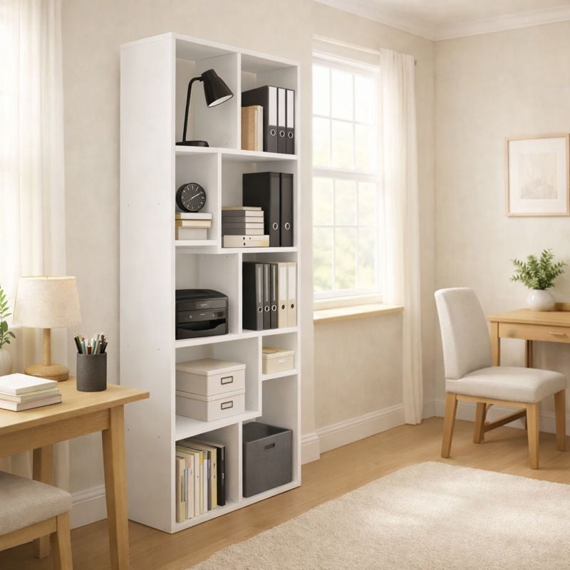 Asymmetrical 5-Tier Display Shelf & Bookcase, Tall Geometric Cube Bookcase with Open Shelves, Modern Storage Cabinet for Living Room, Home Office, White