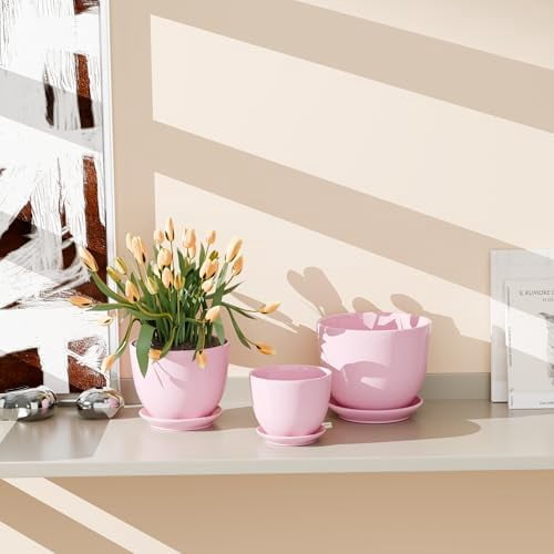 Pink Ceramic Flower Pots, Indoor Decorative Plant Pots Set of 3, 4"+5"+6" Inch Glazed Succulent Planters with Drainage Hole, Modern Garden Pots with Saucer