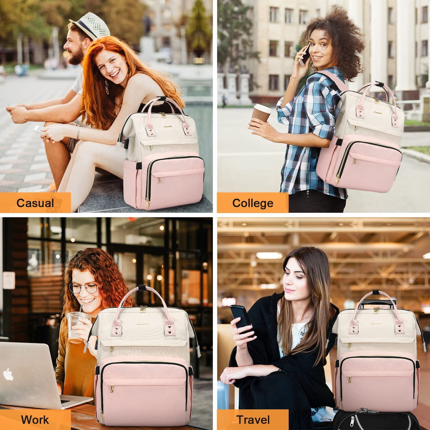 Lovevook Laptop Bag 15.6",Women Work Computer Bag Teacher Nurse Backpack Purse with USB,Waterproof Travel Backpack College Bookbag(Beige-Pink)