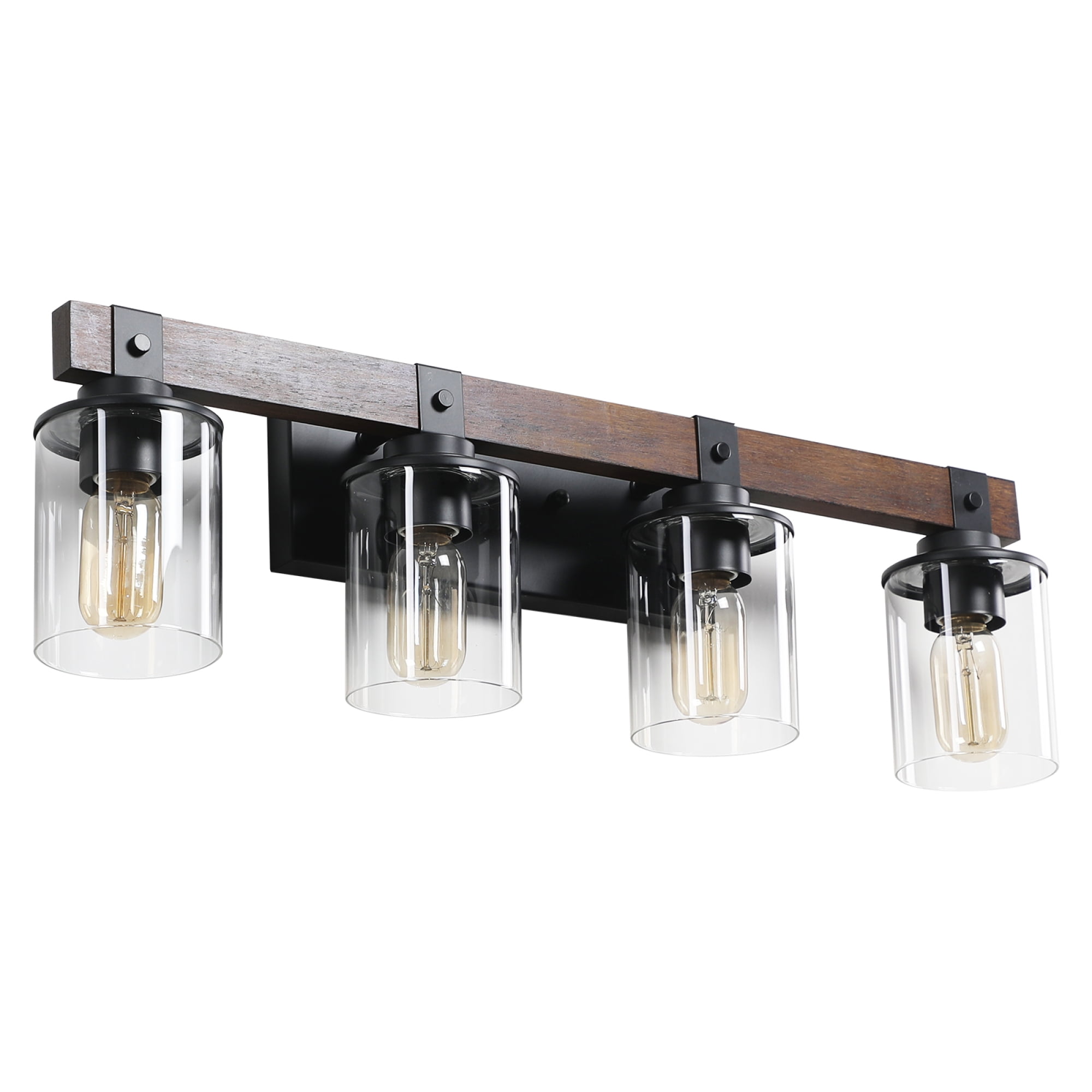 Jopath 27" Rustic 4-Light Vanity Light, Industrial Bathroom Wall Sconce with Glass Shades and Wood Accent, Modern Farmhouse Lighting Fixture for Bathroom, Bedroom, or Hallway(No Bulbs)