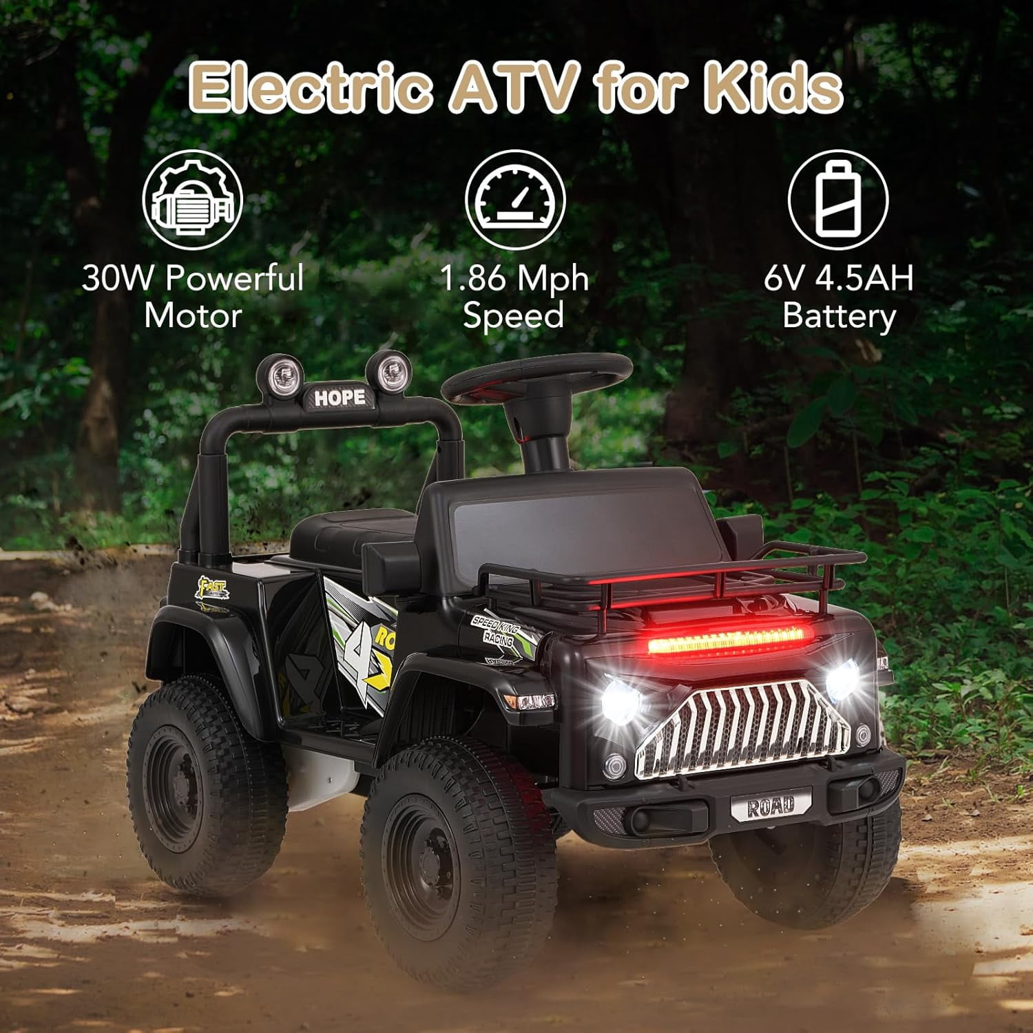 OLAKIDS Kids Ride on Car, 6V Battery Powered Electric Vehicle ATV for Toddlers with Foot Pedal, Music, Horn, Radio, Rear Storage, LED Lights, USB, 4 Wheels Toys for Boys Girls Aged 3-8 Years