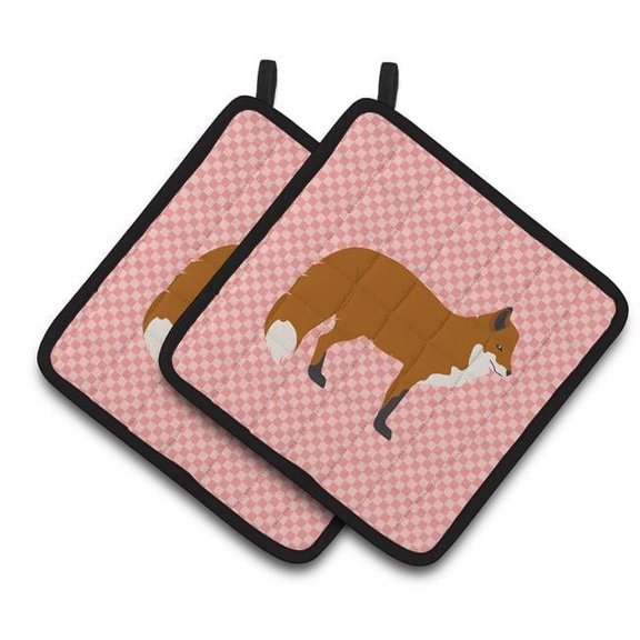 Caroline's Treasures Red Fox Pink Check Pair of Pot Holders