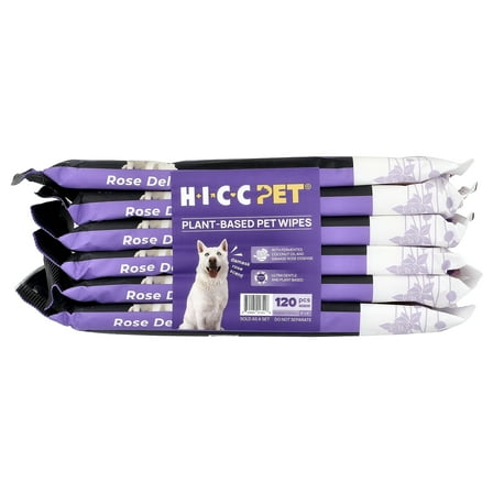 HICC Pet Plant-Based Pet Wipes, For Dogs & Cats, Damask Rose, 6 Packs, 20 Wipes Each