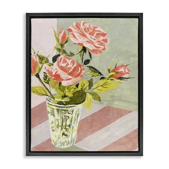 Stupell Industries Pink Roses on Stripes Plants & Flowers Painting Black Floater Framed Canvas Art Print Wall Art, 17 x 21