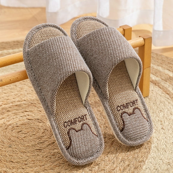 XIMIN Women Men's Non Slip Linen Cotton Fabric House Slippers Cute Bear Slippers All-Season Indoor Bedroom Slippers Breathable Travel Home Slippers