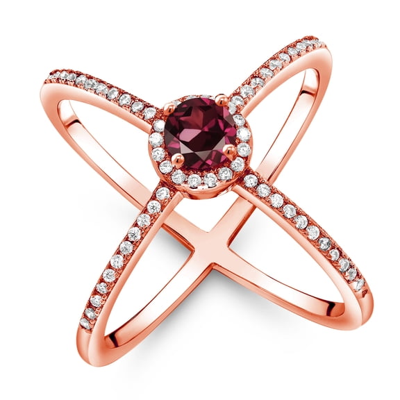 Gem Stone King 1.42 Ct Round Red Rhodolite Garnet 18K Rose Gold Plated Silver Criss Cross X Ring (Size 6)