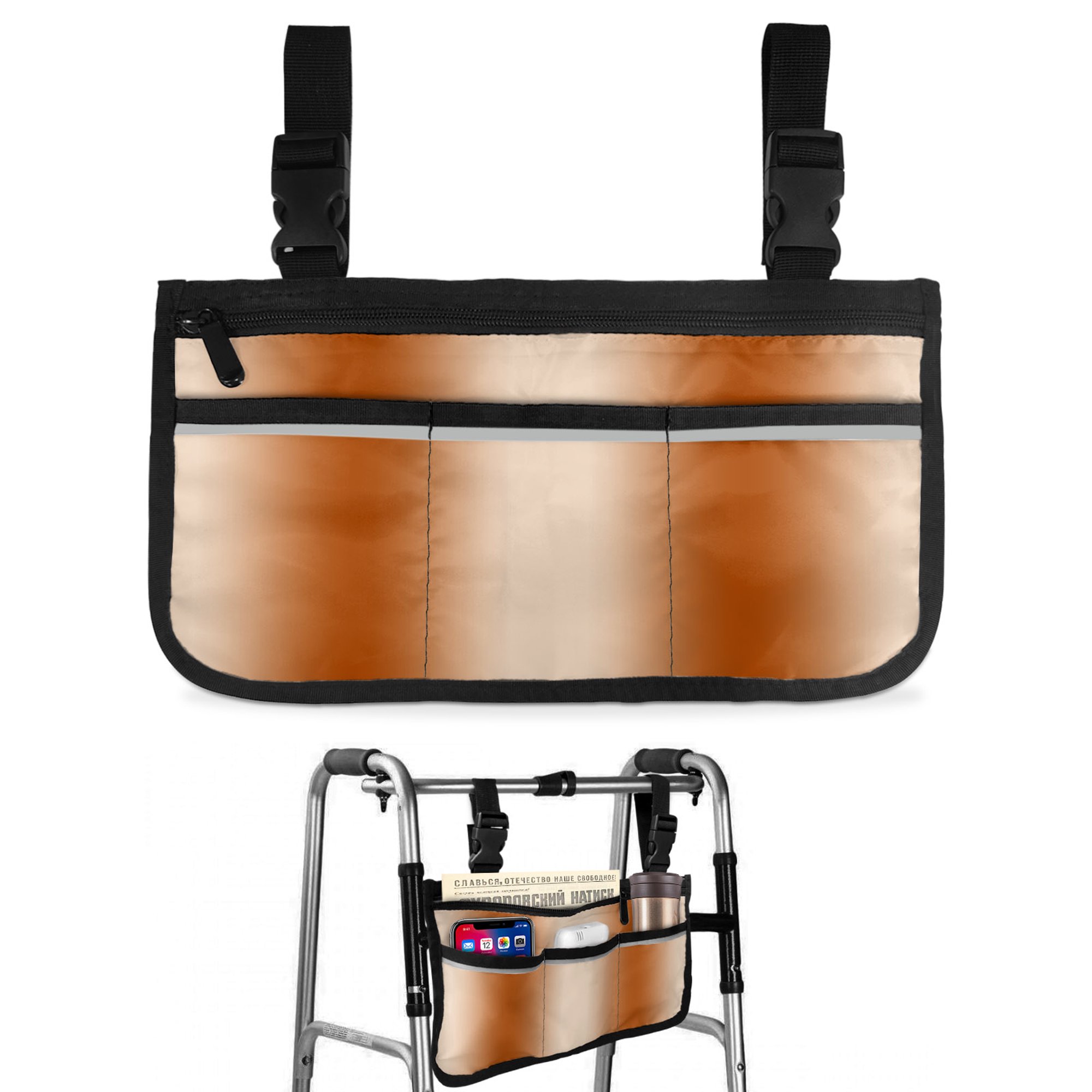 Burnt Orange Ombre Wheelchair Side Bag Walk Bag Basket, Farmhouse Orange Gradient Modern Art Wheelchair Accessories Armrest Pouch, Organizer Storage Bags for Walkers, Rollators, Scooters, 7.3"x13"