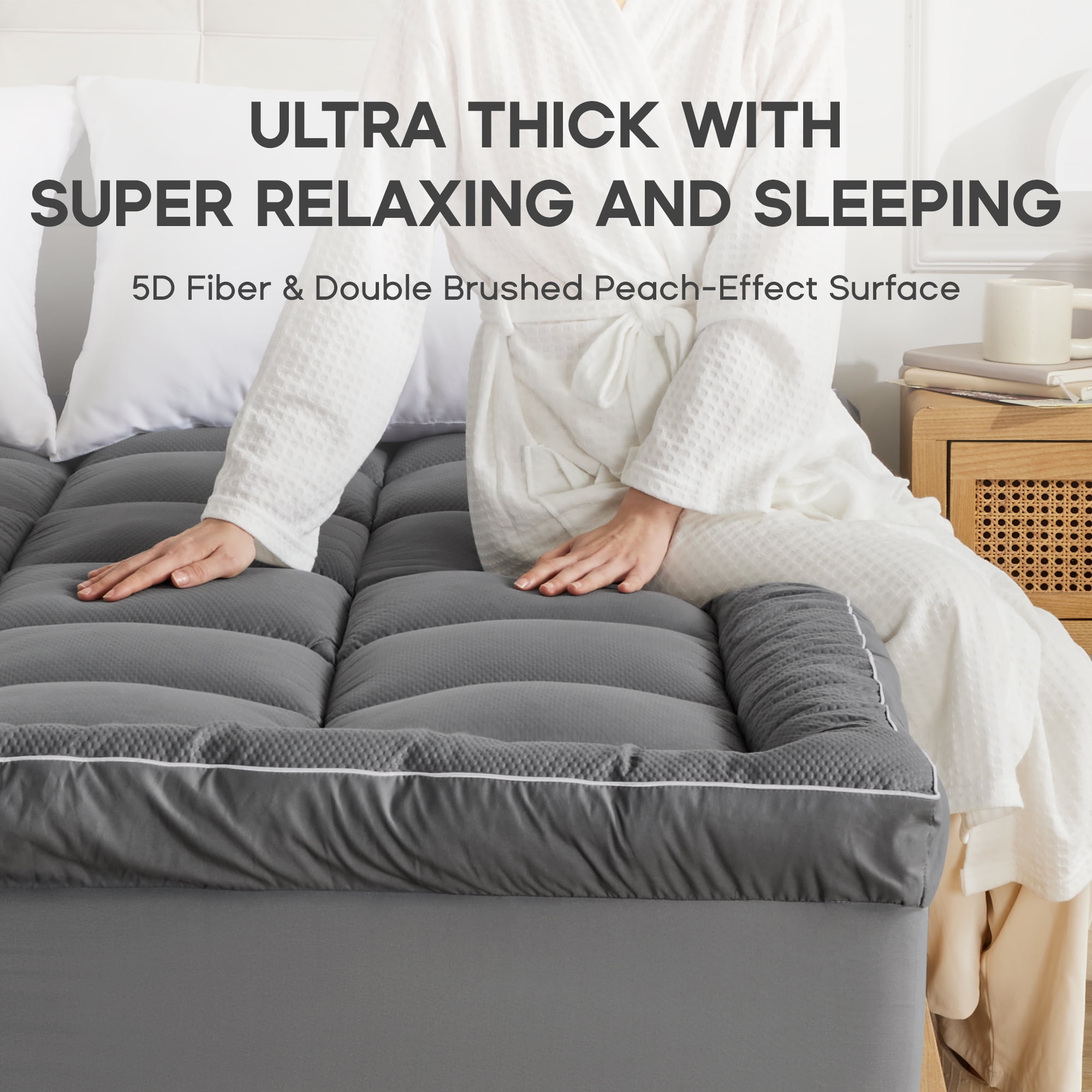 Sonive Ultra Thick Mattress Topper King, Pillow-Top Box Quilted Pad with Premium 1000gsm Alternative Filling, Gray