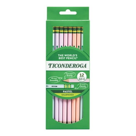 Ticonderoga Wooden Pencils, Presharpened, 2 HB Soft, Pastel 12ct, Pencil Lead Size .03