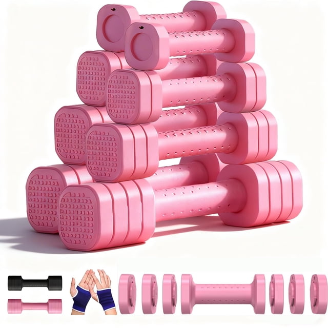 Juego de 2 Set de Mancuernas Ajustables, Pesas Ajustables 4 en 1 para Mujer, Juego de Mancuernas, 2 lb, 3 lb, 4 lb, 5 lb, con Mango de Goma de ABS y Guantes para Ejercicio en Casa