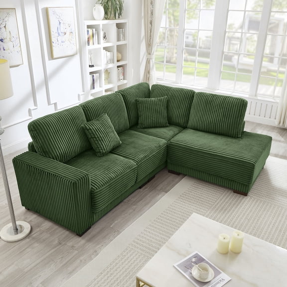93" Sectional Sofa, L Shaped Sofa Couch with Reversible Chaise Lounge, Upholstered Soft Corduroy Couch for Living Room, Apartment (Green)